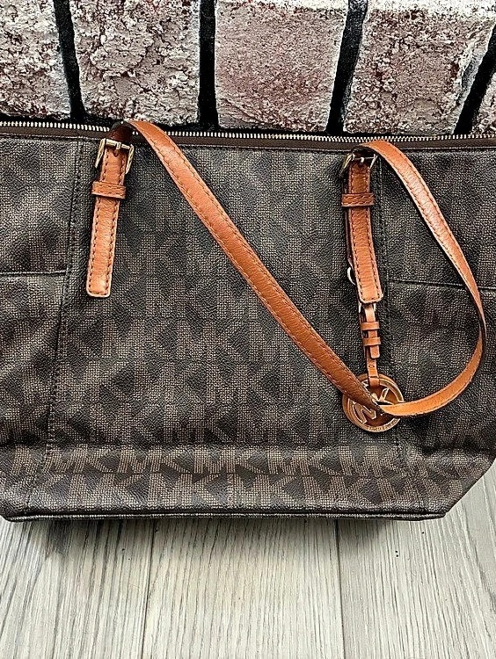 Michael Kors Jet Set Medium Logo Pocket Tote Bag Brown & Black